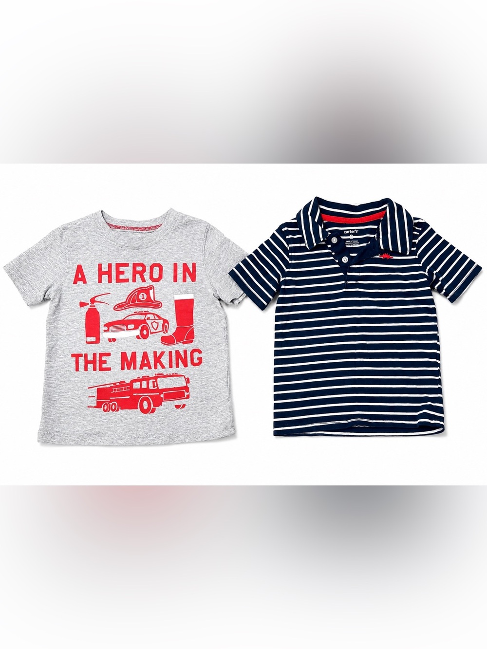 Carter’s Boys 2T Navy Striped Polo & Firefighter Graphic T-Shirt Bundle